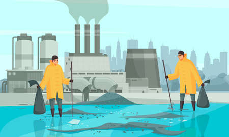 Nature water pollution composition with human characters cityscape and factory buildings background with dirty water surface vector illustrationのイラスト素材