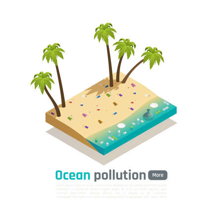 Ocean pollution isometric composition with images of sandy palm beach polluted with plastic bottles and cups vector illustrationのイラスト素材