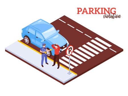 Isometric car parking composition with notation penalty for illegal car parking with human characters and automobile vector illustrationのイラスト素材