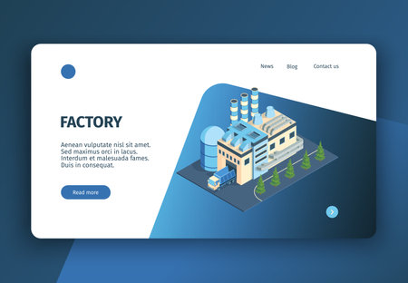 Isometric industrial plant factory concept banner website landing page with editable text clickable links and buttons vector illustrationのイラスト素材