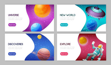 Space science exploration discoveries innovations 4 web horizontal banners design with celestial bodies astronaut spacecraft vector illustrationのイラスト素材