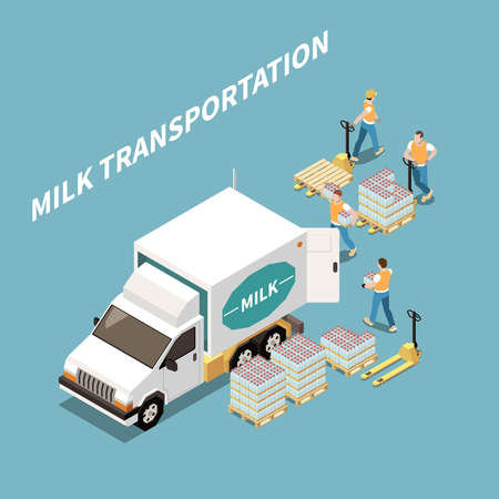 Milk transportation and logistics concept with milk products symbols isometric vector illustrationのイラスト素材