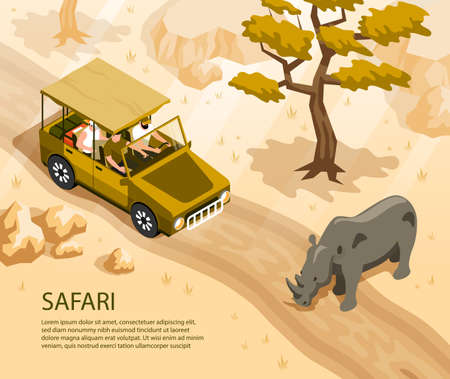 Safari car with tourists and rhino crossing road 3d isometric vector illustrationのイラスト素材