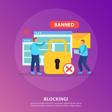 Blocking people from online chat flat round composition with yellow padlock red cross banned sign vector illustrationのイラスト素材