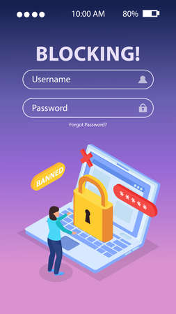 Internet blocking isometric background composition with banned user laptop with lock on login mobile screen vector illustrationのイラスト素材