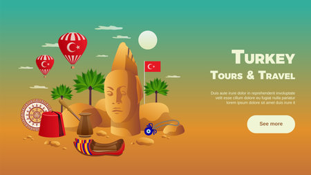 Turkey tourism composition with landmarks and sightseeing symbols flat vector illustrationのイラスト素材
