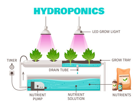 Hydroponics farming concept with vertical water saving  symbols cartoon vector illustrationのイラスト素材