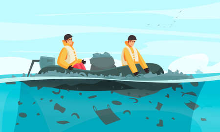 Nature water pollution composition with doodle characters of collectors in rubber inflatable boat with rubbish bins vector illustrationのイラスト素材