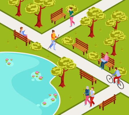 City park isometric composition with people nordic walking cycling reading working on laptop on bench vector illustrationのイラスト素材