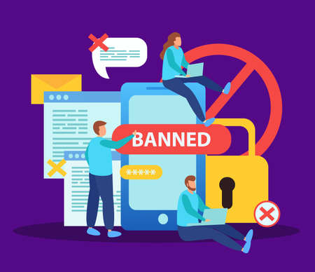 Blocking social media internet users for content flat composition with smartphone lock banned...