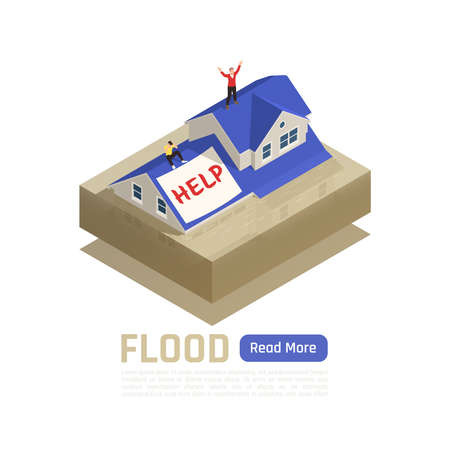 Natural disaster isolated and colored composition with flood headline and blue read more button vector illustrationのイラスト素材