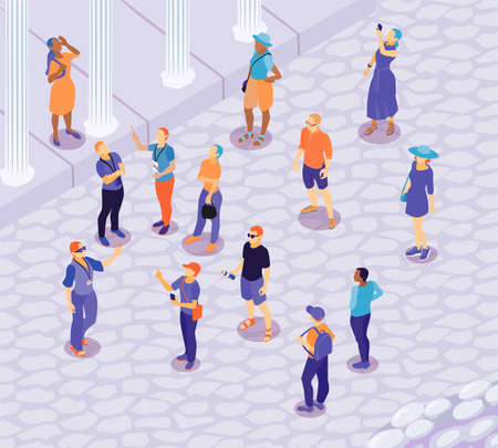 Isometric guide excursion outdoor composition with view of ancient landscape with column pillars and human characters vector illustrationのイラスト素材