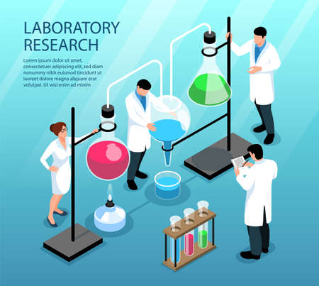 Scientists doing research working with colorful liquid in flasks and tubes 3d isometric vector illustrationのイラスト素材