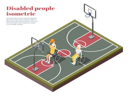 Disabled people isometric composition with two invalids in wheelchair playing basketball on playground vector illustrationのイラスト素材