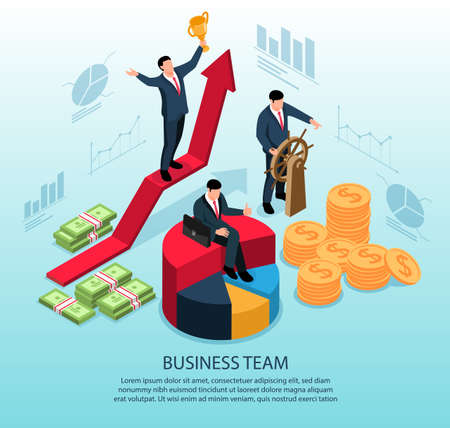 Isometric concept with business team winner with cup and man at wheel 3d vector illustrationのイラスト素材