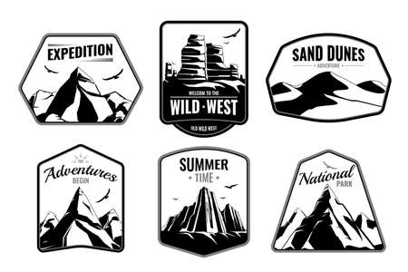 Mountains rocks emblems monochrome flat collection with isolated frame shapes editable text and dark silhouette images vector illustrationのイラスト素材