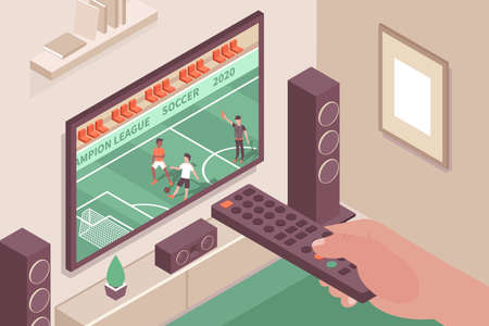 Sports channel indoor composition with images of home theater system tv screen and hand with remote vector illustrationのイラスト素材