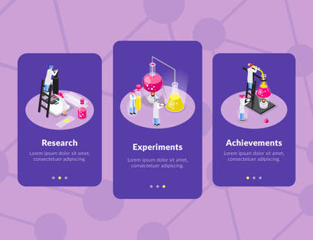 Set of three chemistry isometric vertical banners with molecular binding silhouette background and conceptual scientist images vector illustrationのイラスト素材