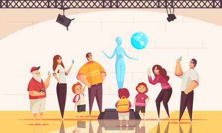 Guide excursion fountain composition with museum scenery and human characters of adults and children with smartphones vector illustrationのイラスト素材