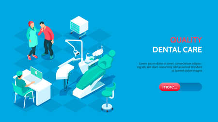 Quality dentistry horizontal banner with modern dental  equipment  for stomatology care isometric vector illustrationのイラスト素材