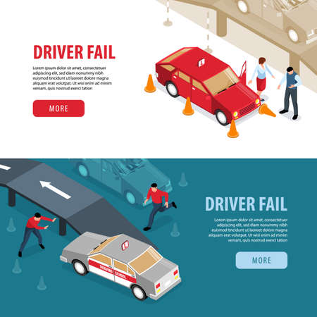 Isometric driving school horizontal banners collection with images of driving instruction fails people buttons and text vector illustrationのイラスト素材