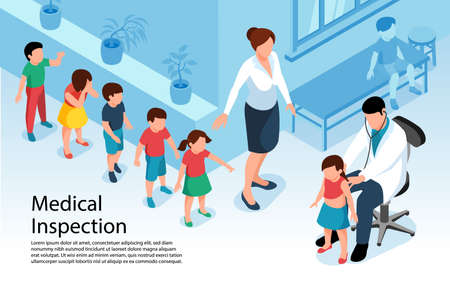 Isometric doctor pediatrician medicine horizontal background with queue of children teacher and medical specialist with text vector illustrationのイラスト素材