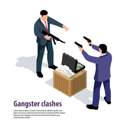 Isometric criminal composition with images of drugs money characters of weaponed criminals and editable text description vector illustrationのイラスト素材