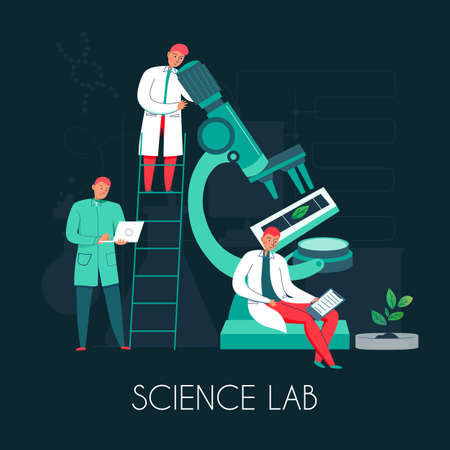 Science microscope composition with images of microscope step ladder and group of scientist characters with text vector illustrationのイラスト素材