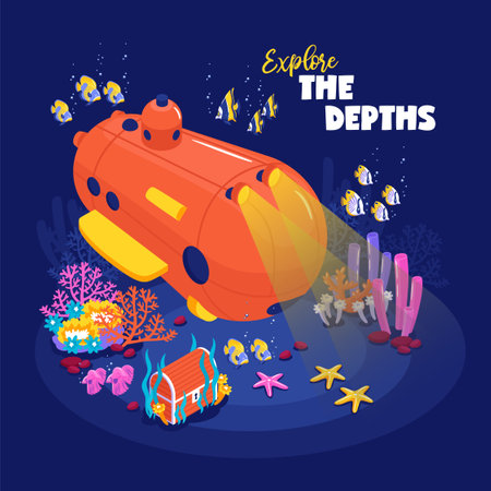 Funny deep diving bathyscaphe on ocean bottom surrounded by fish coral reef treasure chest isometric vector illustrationのイラスト素材