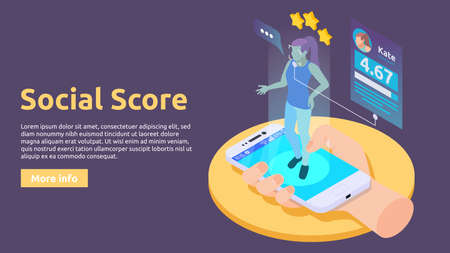 Social credit system isometric banner with composition of female character smartphone screen and personal rating information vector illustrationのイラスト素材