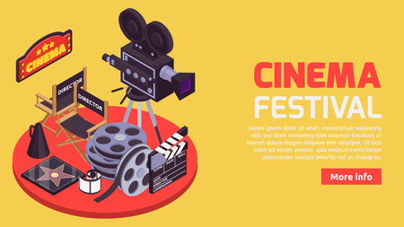 Cinema horizontal banner with isometric images of professional movie making tools with editable text and button vector illustrationのイラスト素材