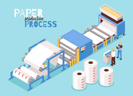 Paper manufacturing from woods pulp automated operator controlled process drying sheet forming machinery isometric composition vector illustrationのイラスト素材