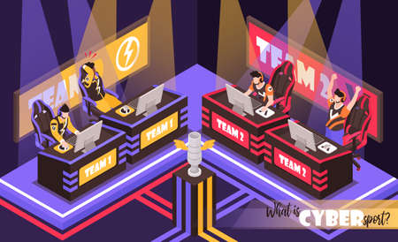 Cyber sport team fight isometric compositions with players competing in computer gaming under spotlights colorful vector illustrationのイラスト素材