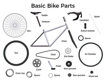 Realistic bicycle parts set with isolated images of bike elements with text captions for each part vector illustrationのイラスト素材