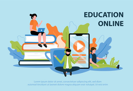 Online education flat poster with young people participating in web seminar and teacher giving lecture distantly vector illustrationのイラスト素材
