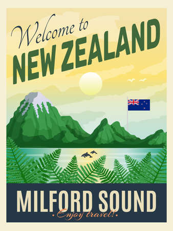 New zealand vertical poster with editable vintage style text and view of milford sound fiord landmark vector illustrationのイラスト素材