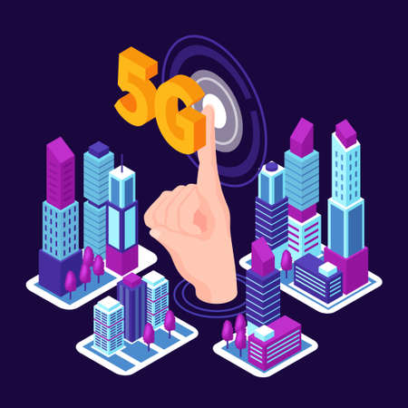 Isometric technologies future 5g internet composition with image of human finger pushing button with...
