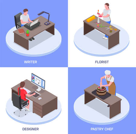 Creative people professions artist isometric design concept with text and images of working people at tables vector illustrationのイラスト素材