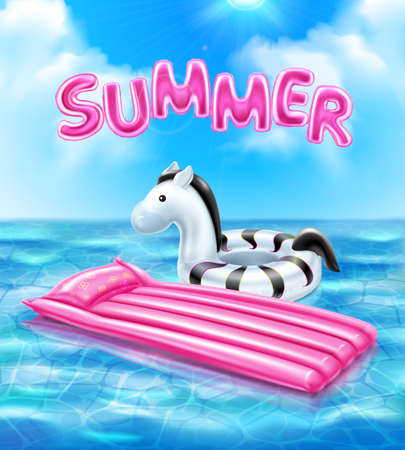 Summer realistic blue poster with  inflatable swimming life raft for kids at sea background realistic vector illustrationのイラスト素材