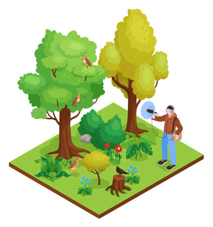 Ornithologist conducting field research collecting birds sounds recording with with specialized equipment isometric composition vector illustrationのイラスト素材