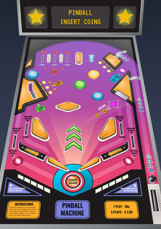 Pinball machine ready to play game realistic composition with flashing lights and insert coins message vector illustrationのイラスト素材