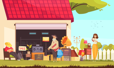 Garage sale background with furniture and accessory symbols flat  vector illustrationのイラスト素材