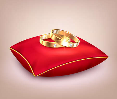 Two wedding golden rings with diamonds on red ceremonial pillow realistic background vector illustrationのイラスト素材