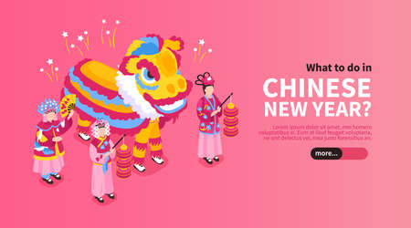 Chinese new year horizontal banner with people in national clothes and big dragon costume isometric vector illustrationのイラスト素材