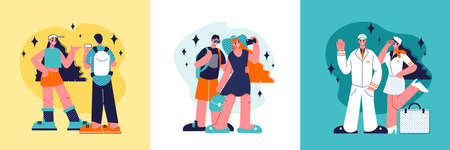 Travel design concept with three square compositions of doodle style human characters passengers and...
