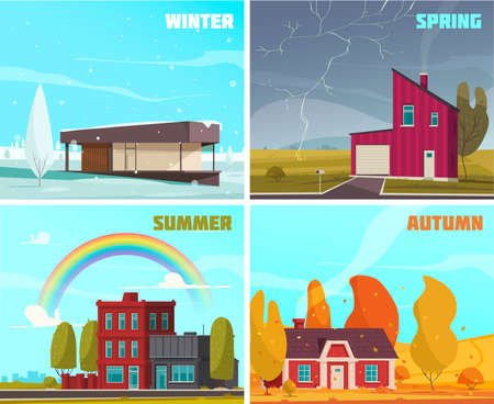 Natural phenomena concept icons set with summer winter spring autumn symbols flat isolated vector illustrationのイラスト素材