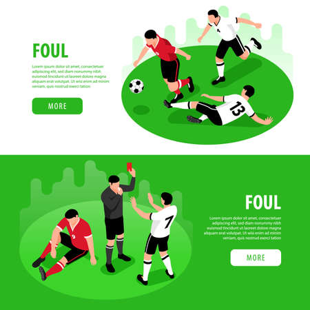 Isometric football soccer horizontal banners set with images of foul situation editable text and clickable button vector illustrationのイラスト素材
