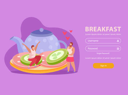 People with breakfast flat landing page two people on sandvich and personal account interface vector illustrationのイラスト素材