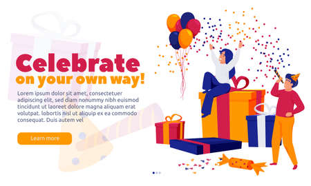 Happy celebration people background with clickable learn more button text and people with gift boxes confetti vector illustrationのイラスト素材