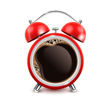 Retro red alarm clock with black coffee in middle on white background realistic vector illustrationのイラスト素材